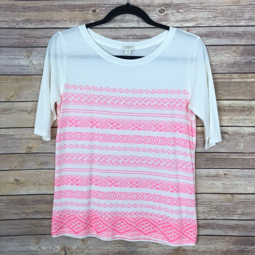J Crew Factory Top Womens XS Ivory Embroidered Striped Short Sleeve Boat Neck